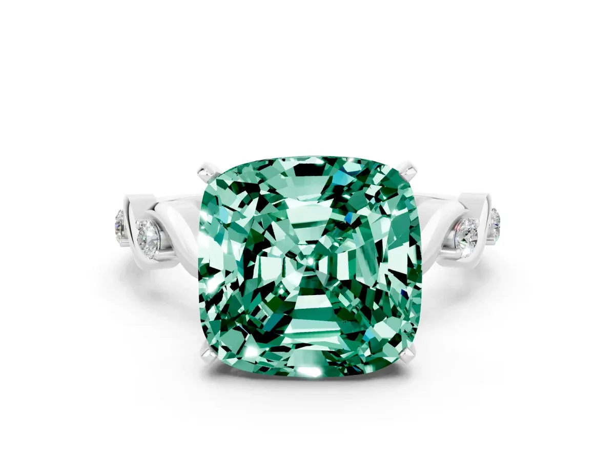Cushion Cut Green Sapphire Solitaire Twisted Band with Round Accents and Prong Setting Platinum
