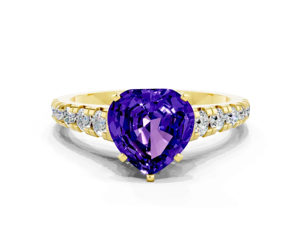 Heart Cut Tanzanite Cathedral Solitaire Ring with Round Pavé Band Yellow gold