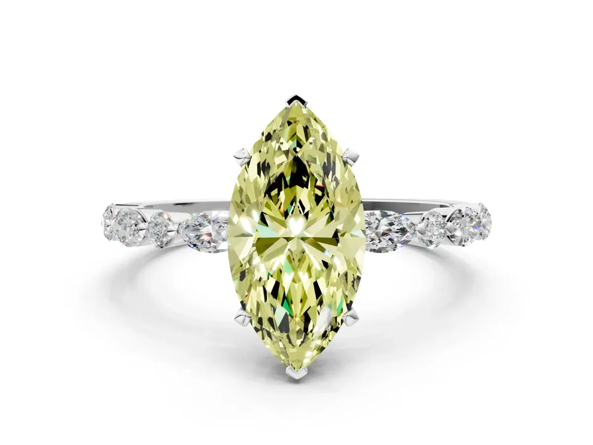 Fancy Yellow Marquise Cut Diamond Ring with Marquise and Round Side Stones and Four-Prong Setting White gold