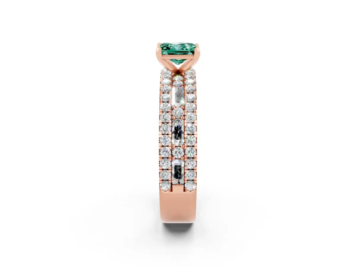 Princess Cut Green Sapphire Solitaire Ring with Pavé and Channel Set Band Rose gold