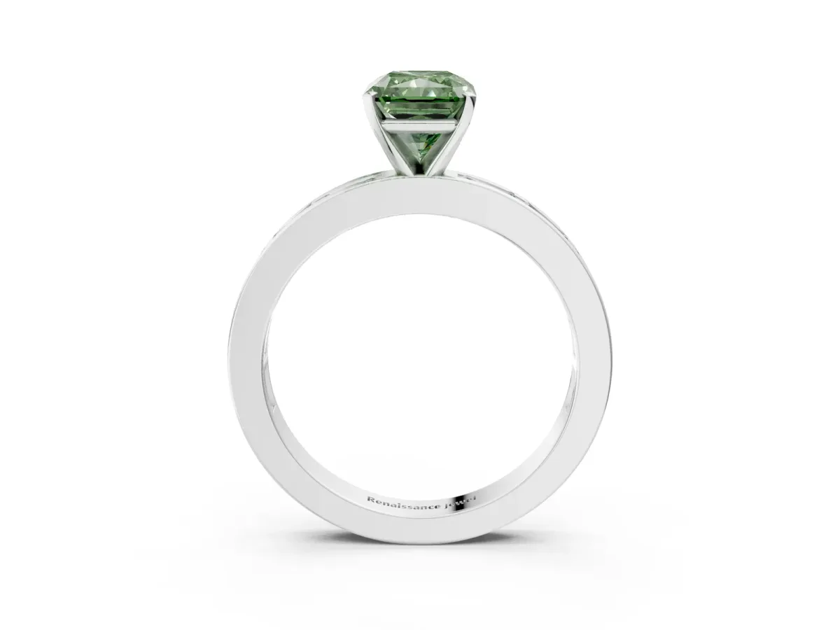 Fancy Green Radiant Cut Solitaire Diamond Ring with Channel-Set Baguette Band and Four-Prong Setting Platinum