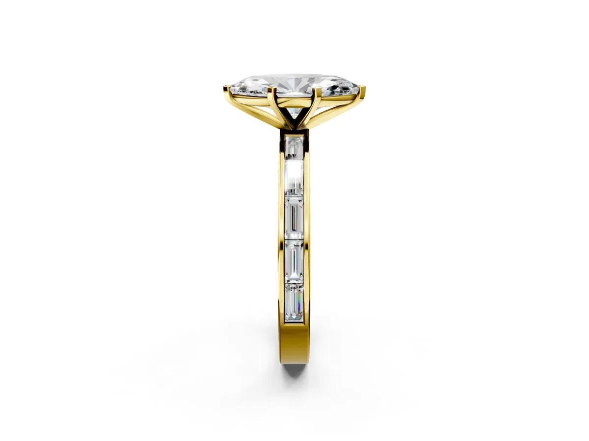 Marquise Cut Solitaire Diamond Ring with Channel-Set Baguette Band and Four-Prong Setting Yellow gold