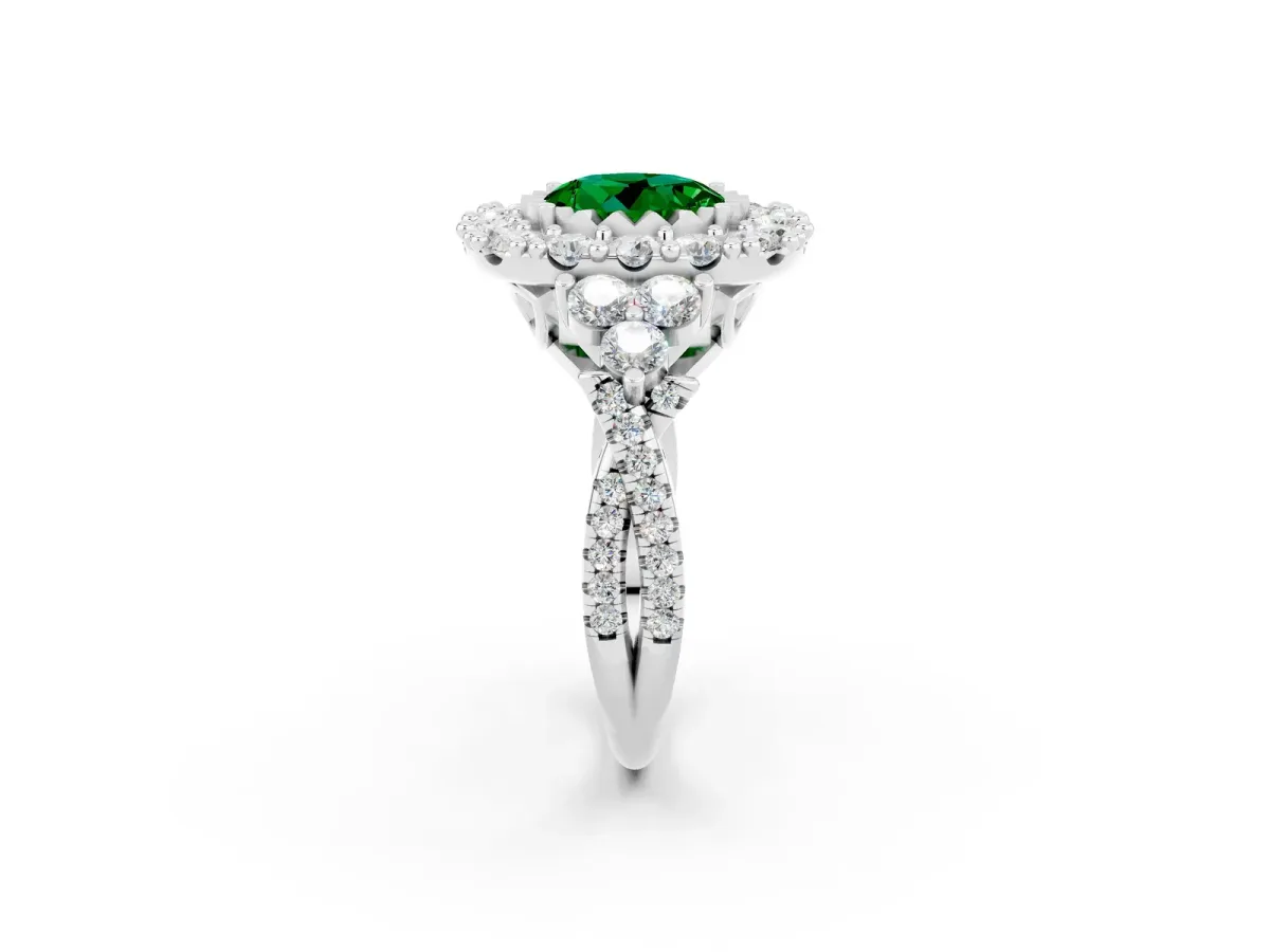Round Cut Emerald Halo Ring with Pavé Band and Four-Prong Setting Silver
