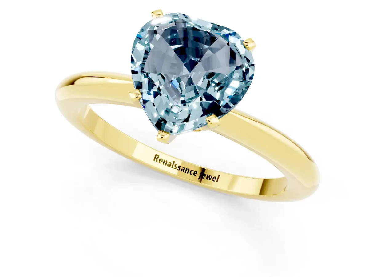 Heart Cut Aquamarine Solitaire Ring with Six-Prong Setting and Classic Band Yellow gold