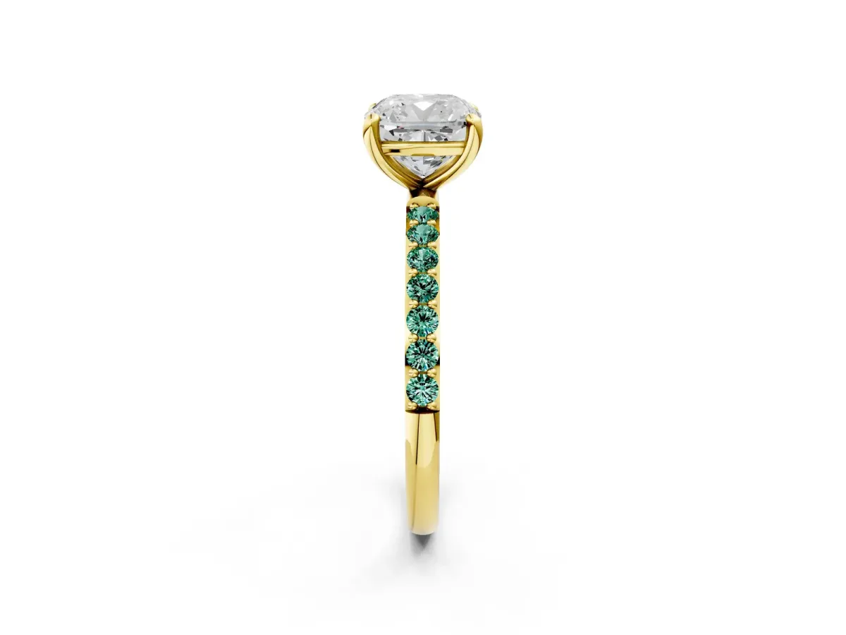Cushion Cut Diamond Solitaire Ring with Round Green Sapphire Pavé Band and Prong Setting Yellow gold