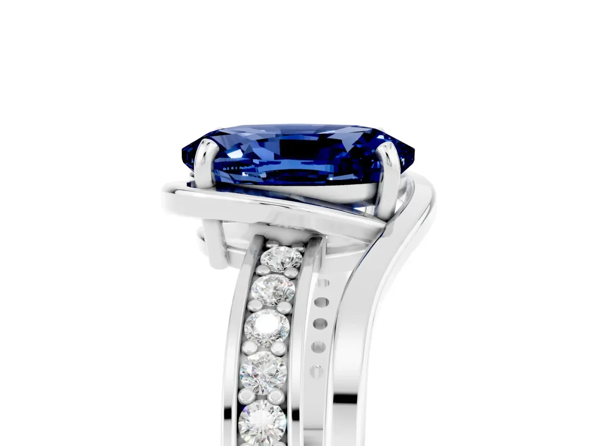 Oval Cut Blue Sapphire Solitaire Ring with Split Shank and Prong Setting White gold