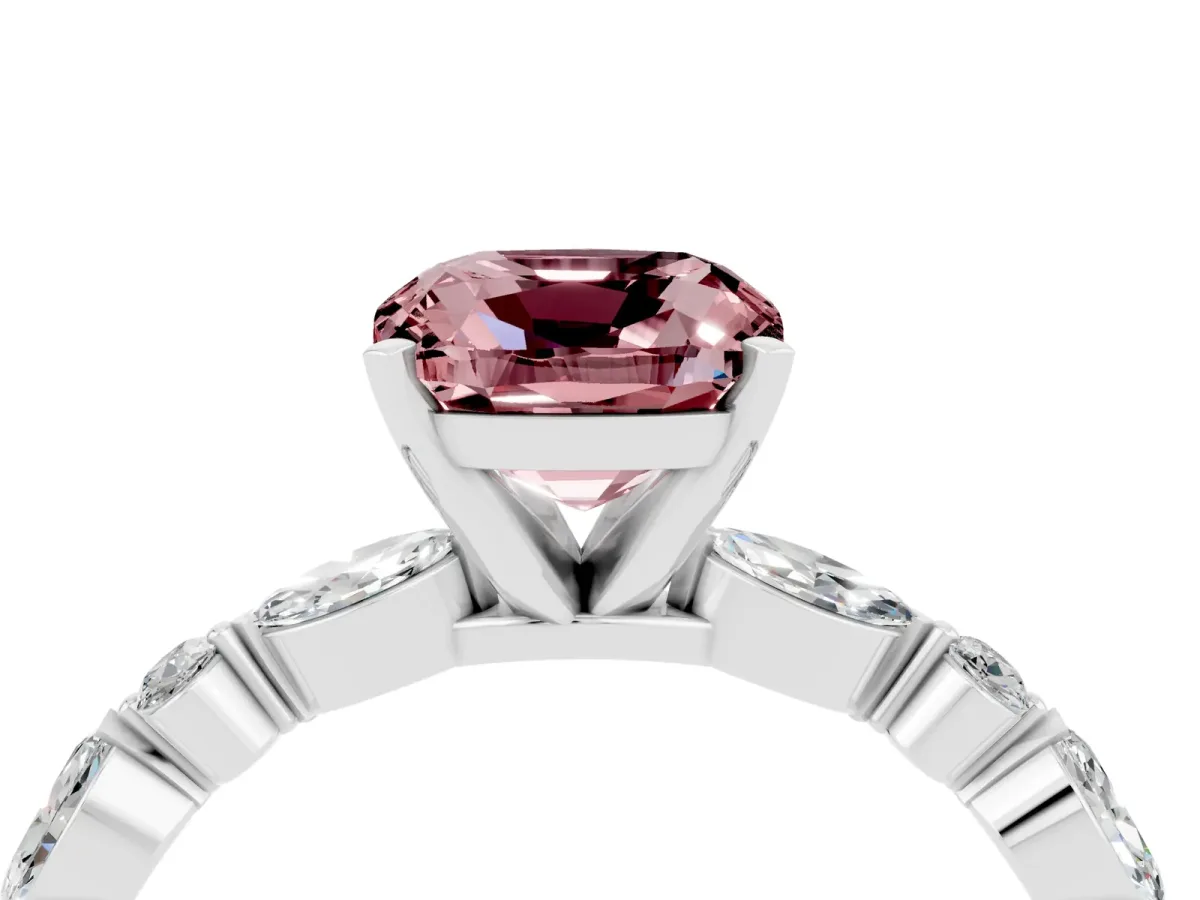 Cushion Cut Morganite Ring with Marquise and Round Side Stones and Four-Prong Setting White gold