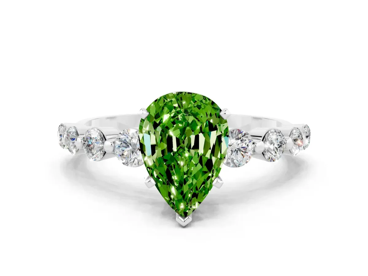Pear Cut Solitaire Peridot Ring with Pave Band and Four-Prong Setting Platinum