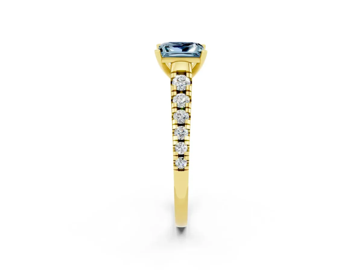 Princess Cut Aquamarine Cathedral Solitaire Ring with Round Pavé Band Yellow gold
