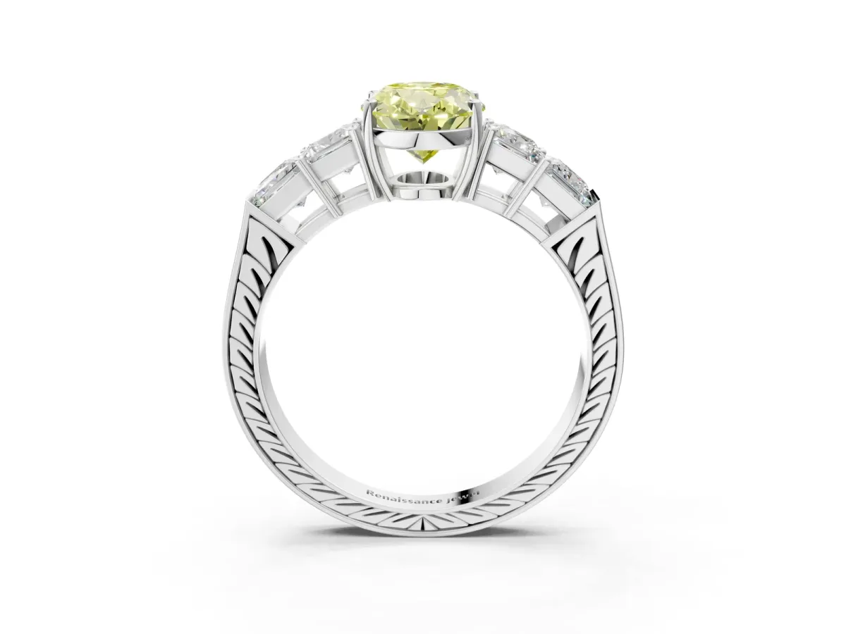 Fancy Yellow Oval Cut Solitaire Princess Side Stone Engraved Band Prong Setting Ring Platinum