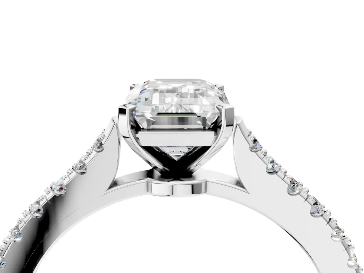 Emerald Cut Cut Solitaire Diamond Engagement Ring with Pave Band and Four-Prong Setting Silver