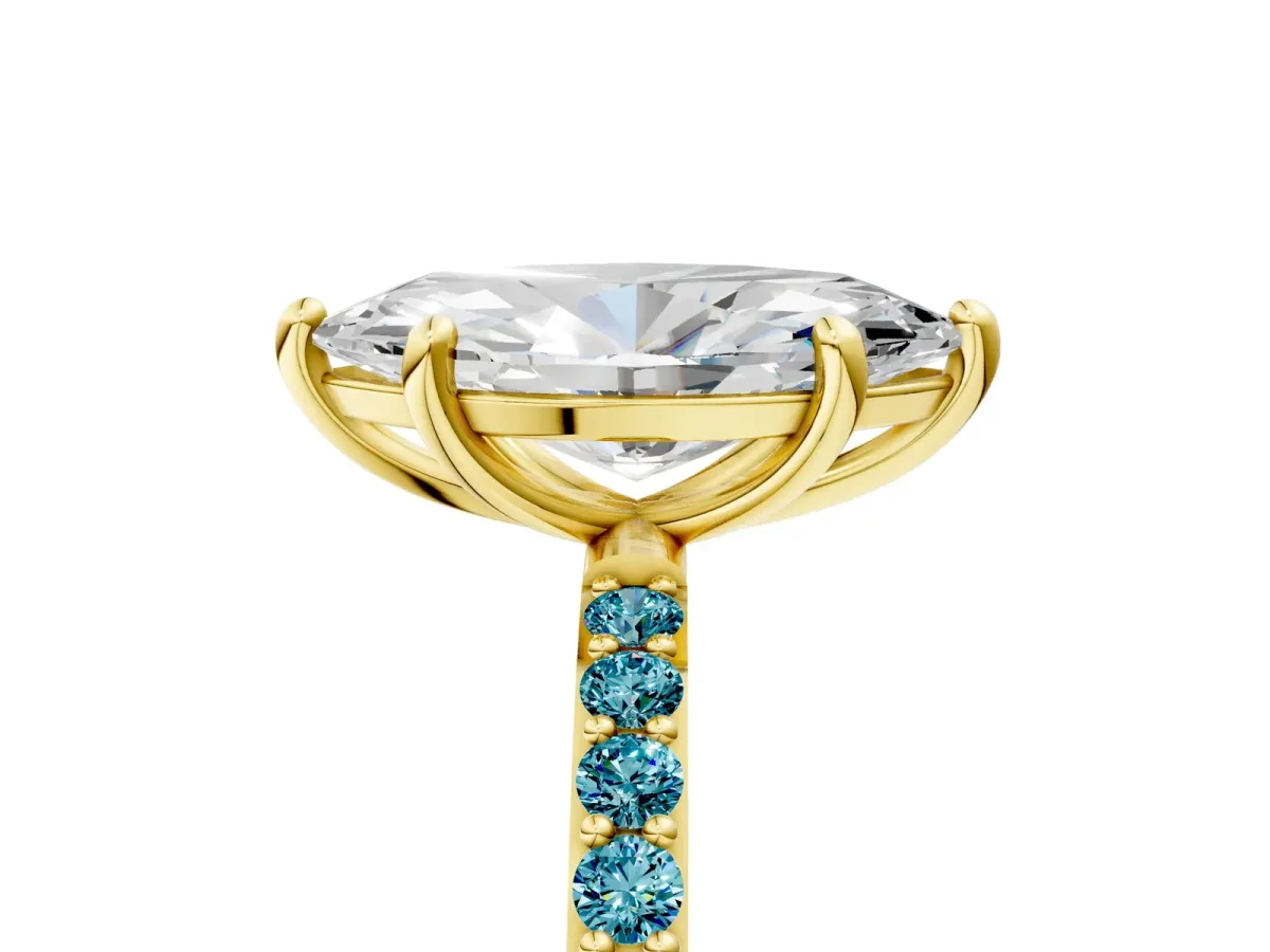 Marquise Cut Diamond Solitaire Ring with Round Blue Topaz Pavé Band and Prong Setting Yellow gold