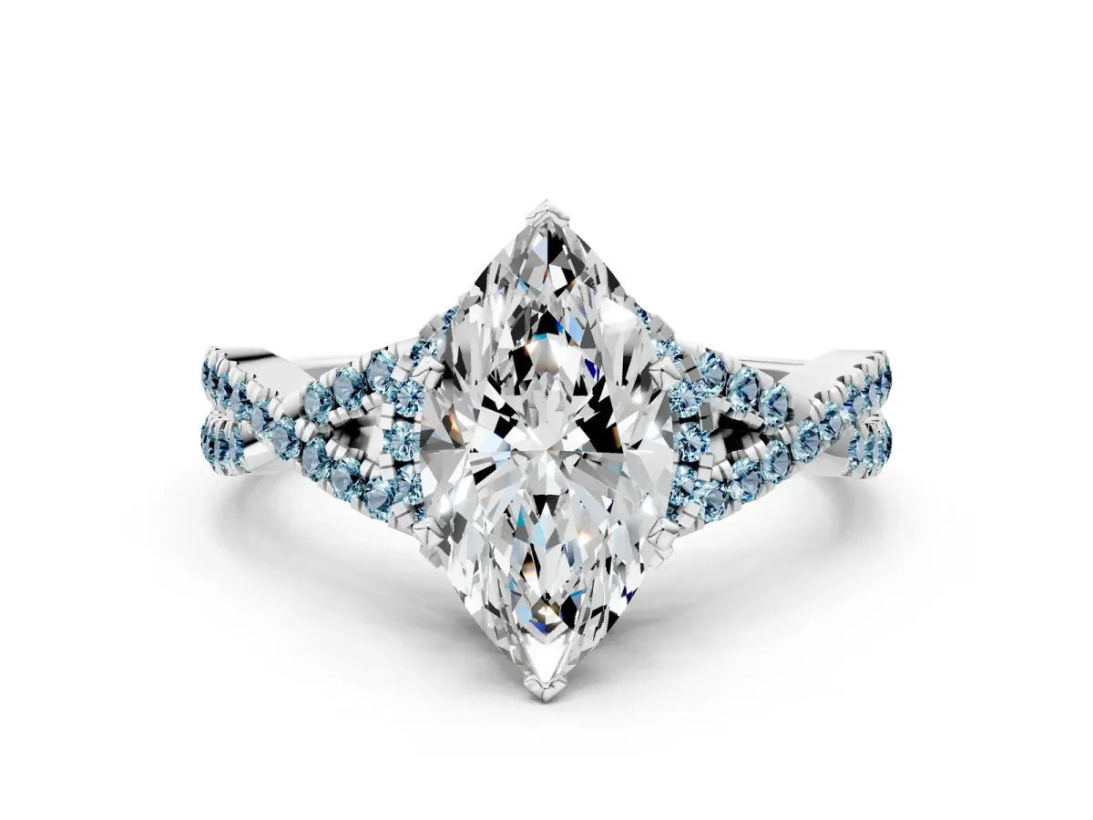 Marquise Cut Diamond Aquamarine Halo Twist Band Solitaire Prong Setting Ring White gold