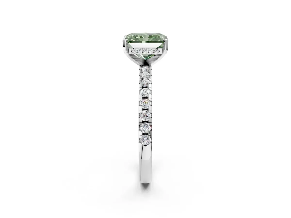 Fancy Green Radiant Cut Diamond Solitaire Ring with Round Pavé Band and Four-Prong Setting White gold