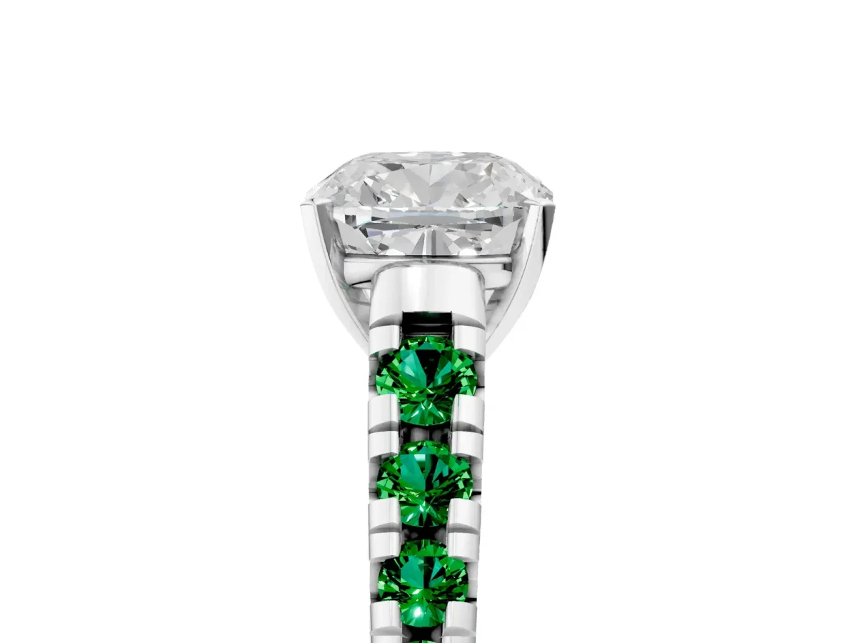 Cushion Cut Diamond Cathedral Solitaire Ring with Round Emerald Pavé Band Platinum