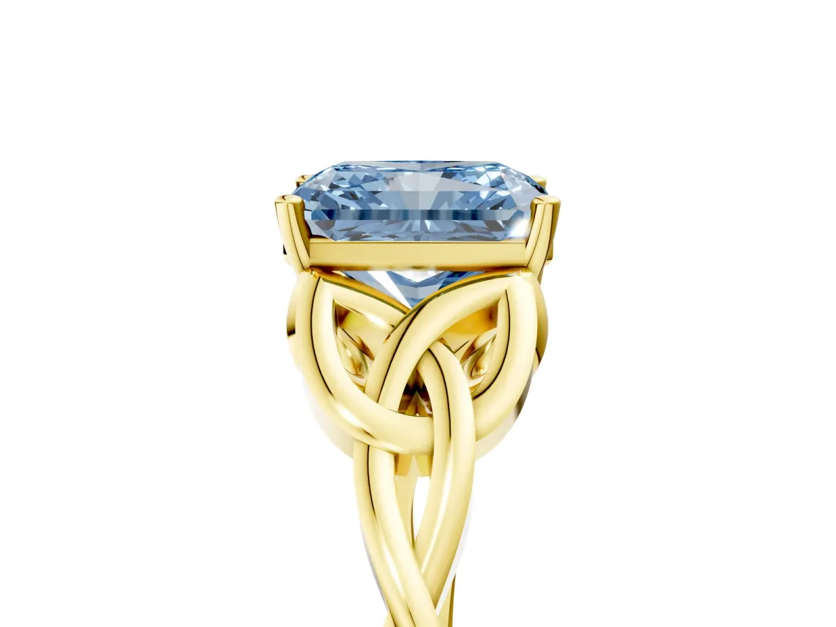 Fancy Blue Radiant Cut Diamond Solitaire Engagement Ring with Celtic Knot Band and Four-Prong Setting Yellow gold
