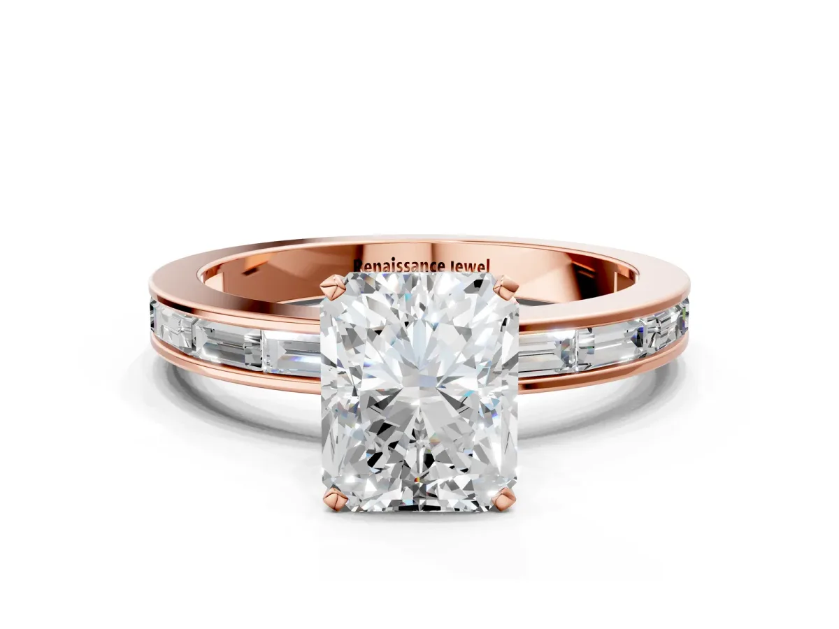 Radiant Cut Solitaire Diamond Ring with Channel-Set Baguette Band and Four-Prong Setting Rose gold