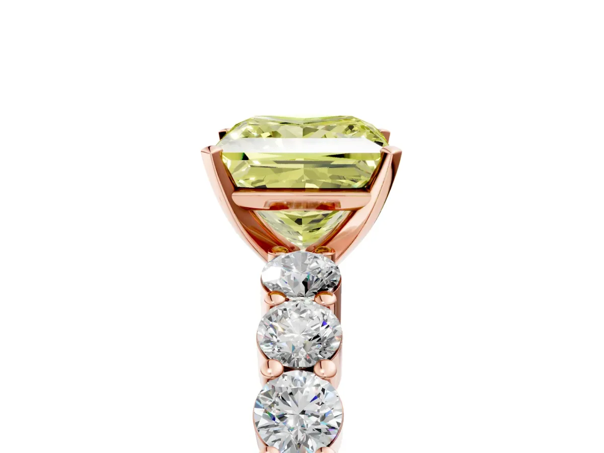 Fancy Yellow Princess Cut Diamond Solitaire Ring with Shared Prong Round Side Stones Rose gold