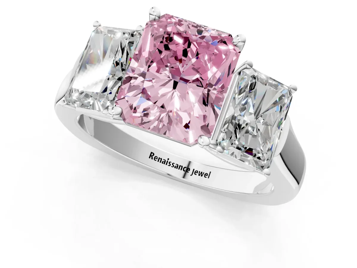 Fancy Pink Three-Stone Radiant Cut Brilliant Diamond Trellis Ring with Comfort Fit Band Platinum