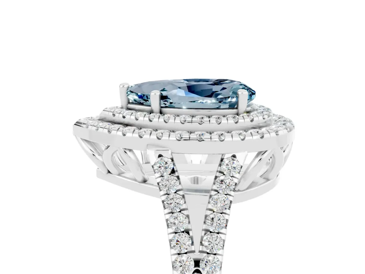Pear Cut Aquamarine Double Halo Ring with Pavé Band and Prong Setting White gold