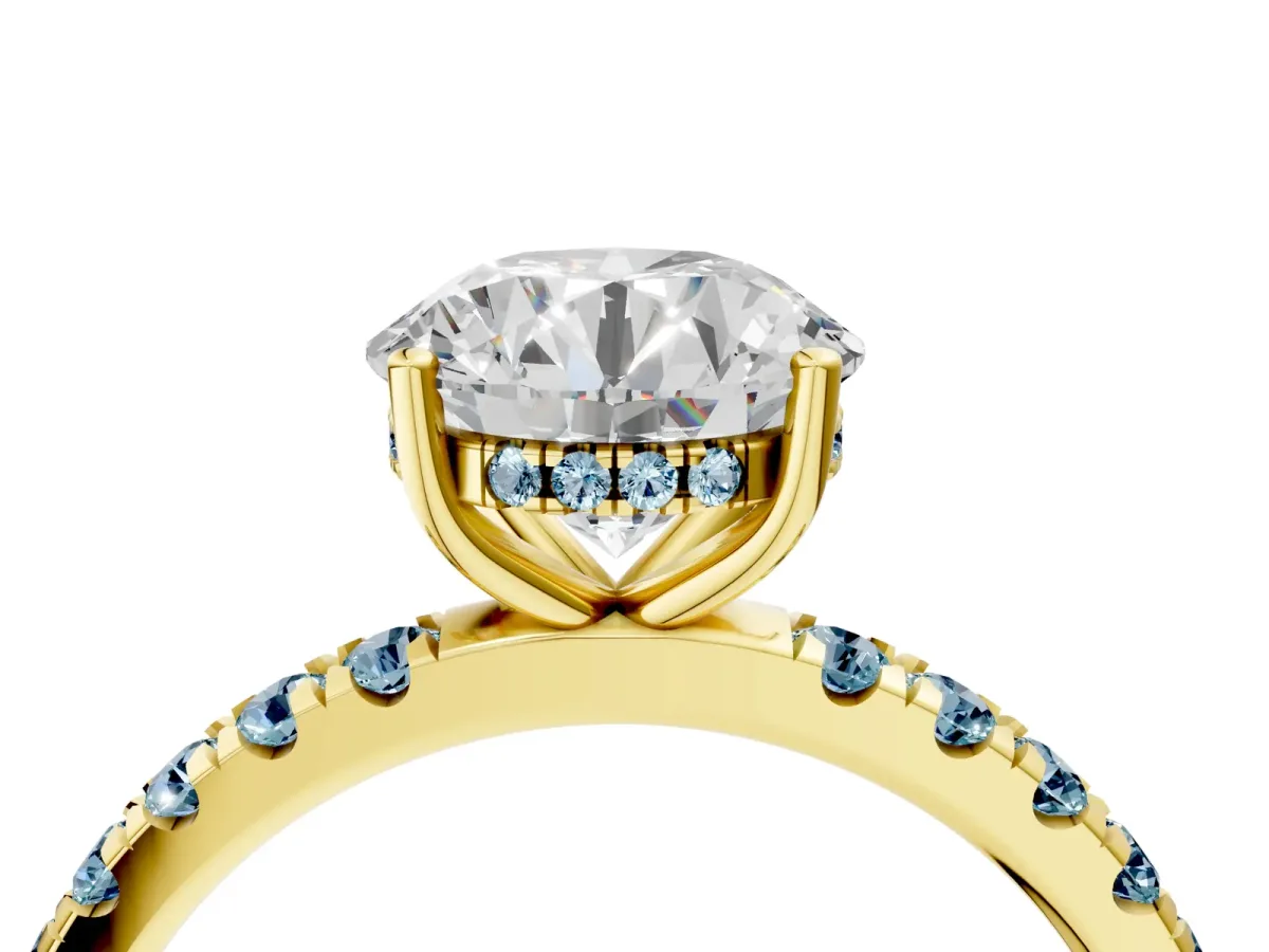 Round Cut Diamond Pave Band Solitaire Ring with Round Aquamarine and Prong Setting Yellow gold