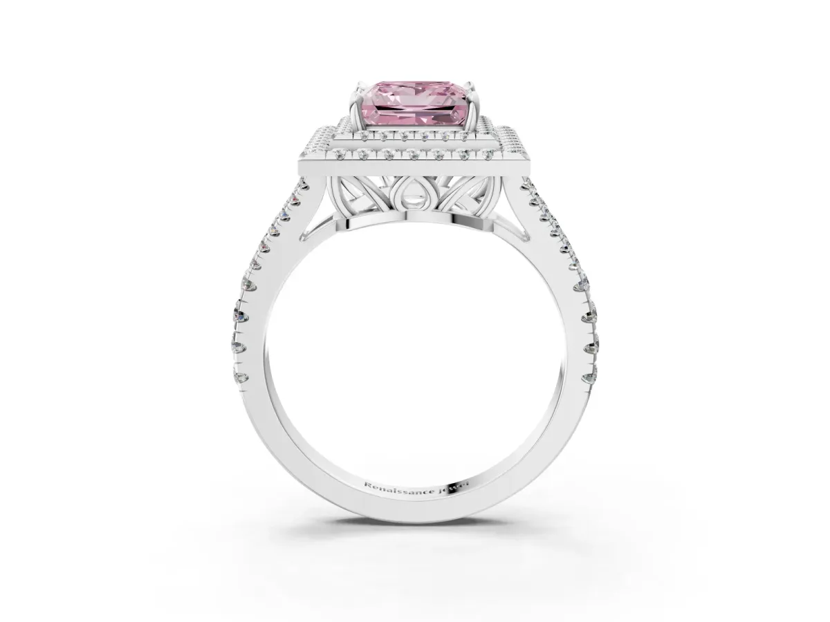 Fancy Pink Princess Cut Diamond Double Halo Ring with Pavé Band and Prong Setting White gold