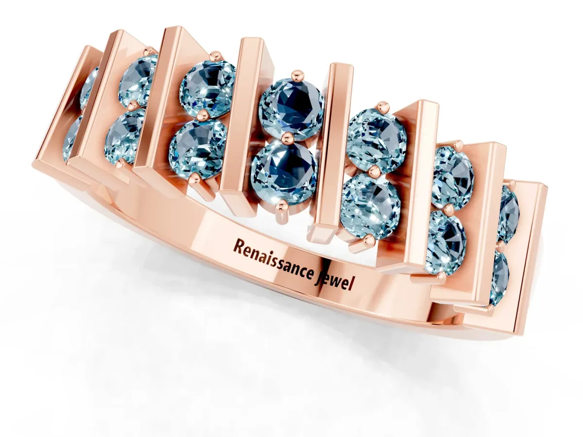 Channel Set Round Aquamarine Anniversary Band with Vertical Prongs Rose gold