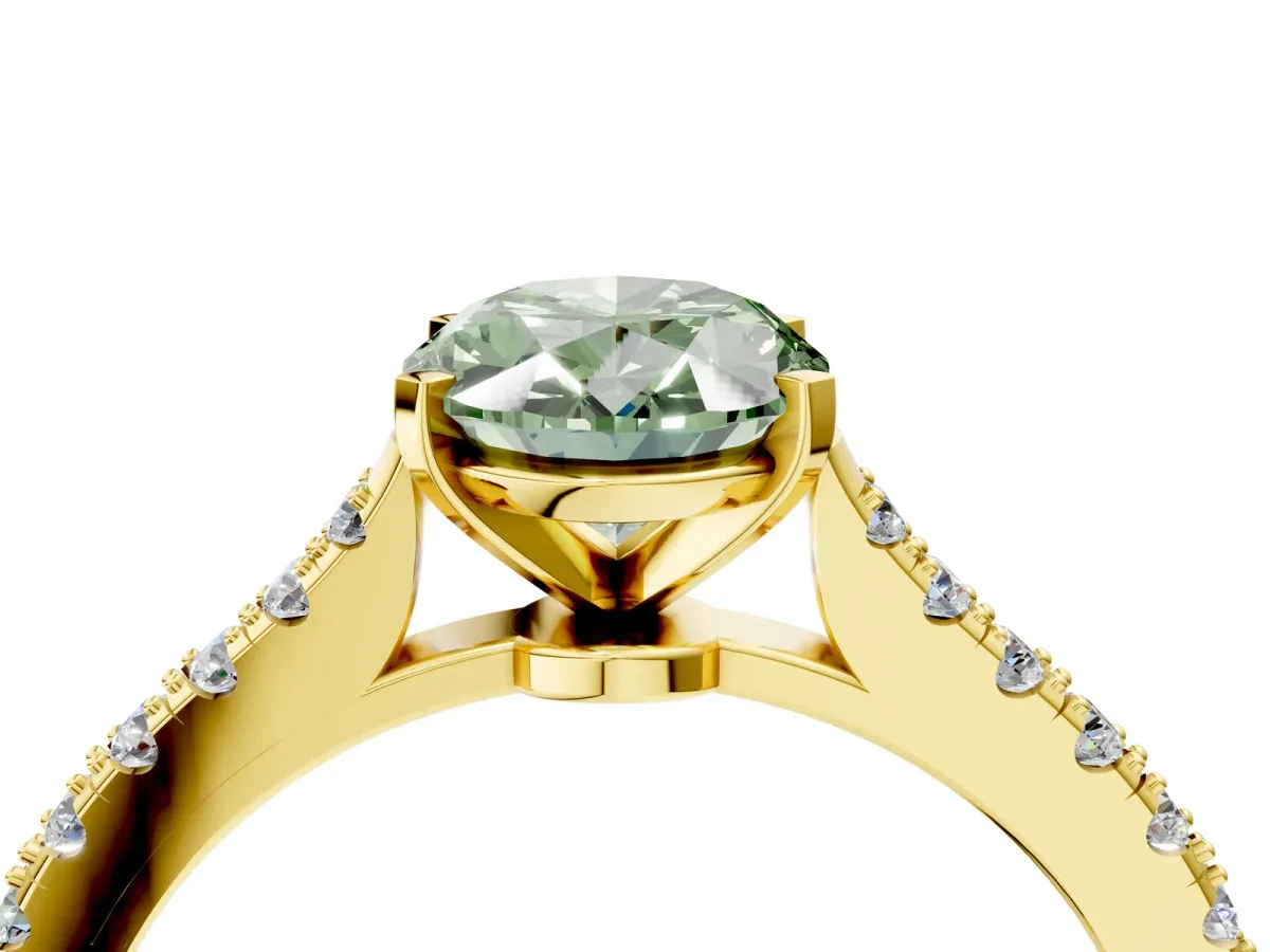 Fancy Green Oval Cut Cut Solitaire Diamond Engagement Ring with Pave Band and Four-Prong Setting Yellow gold