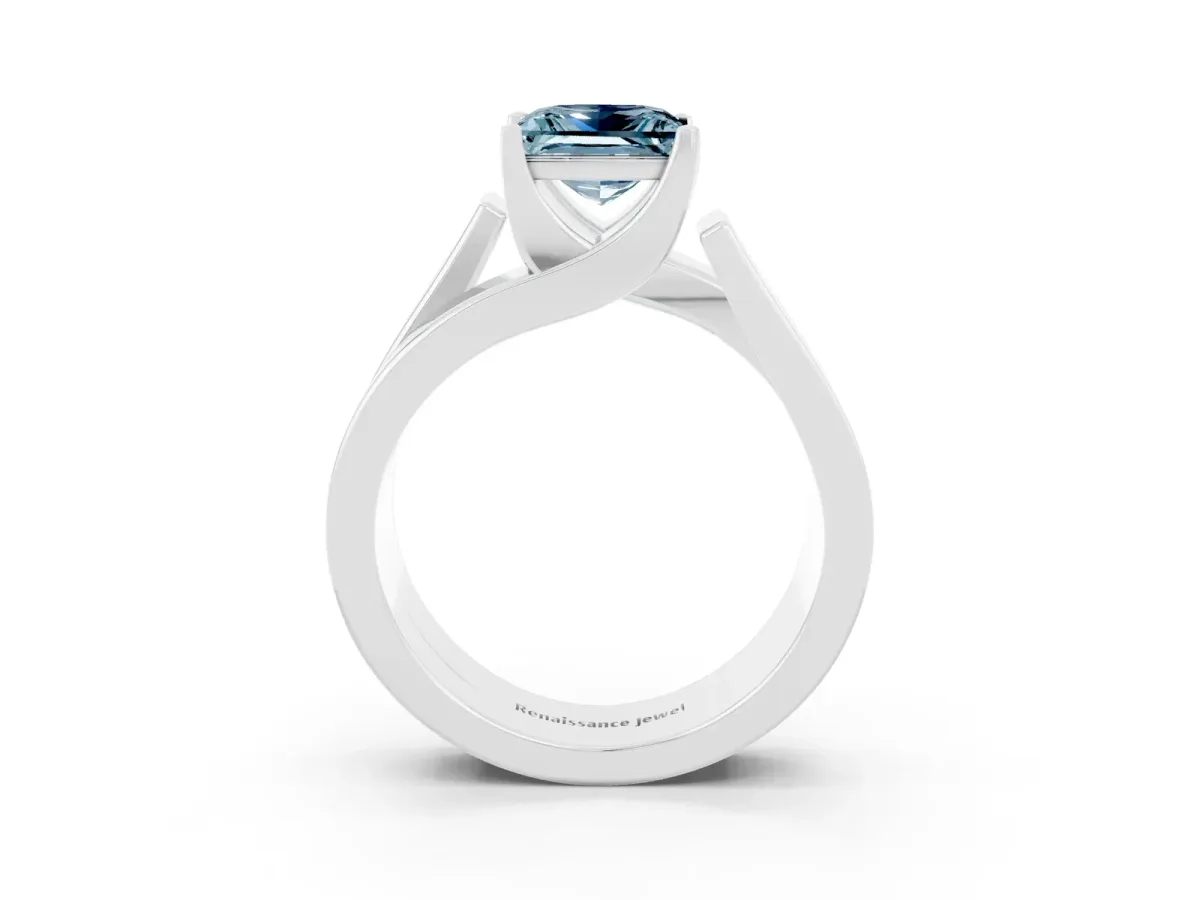 Modern Tension Set Princess Cut Aquamarine Solitaire Wide Band Ring White gold
