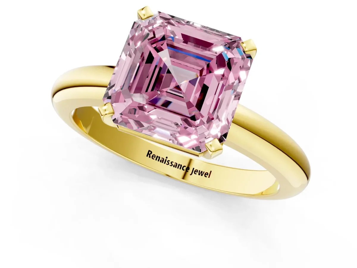 Fancy Pink Asscher Cut Diamond Solitaire Engagement Ring with Round Band and Four-Prong Setting Yellow gold