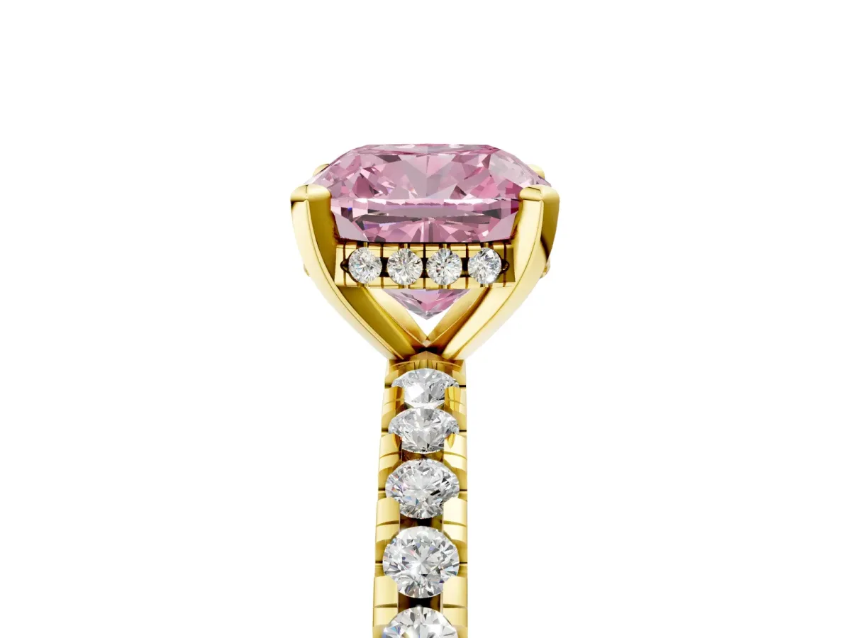 Fancy Pink Cushion Cut Diamond Solitaire Ring with Round Pavé Band and Four-Prong Setting Yellow gold