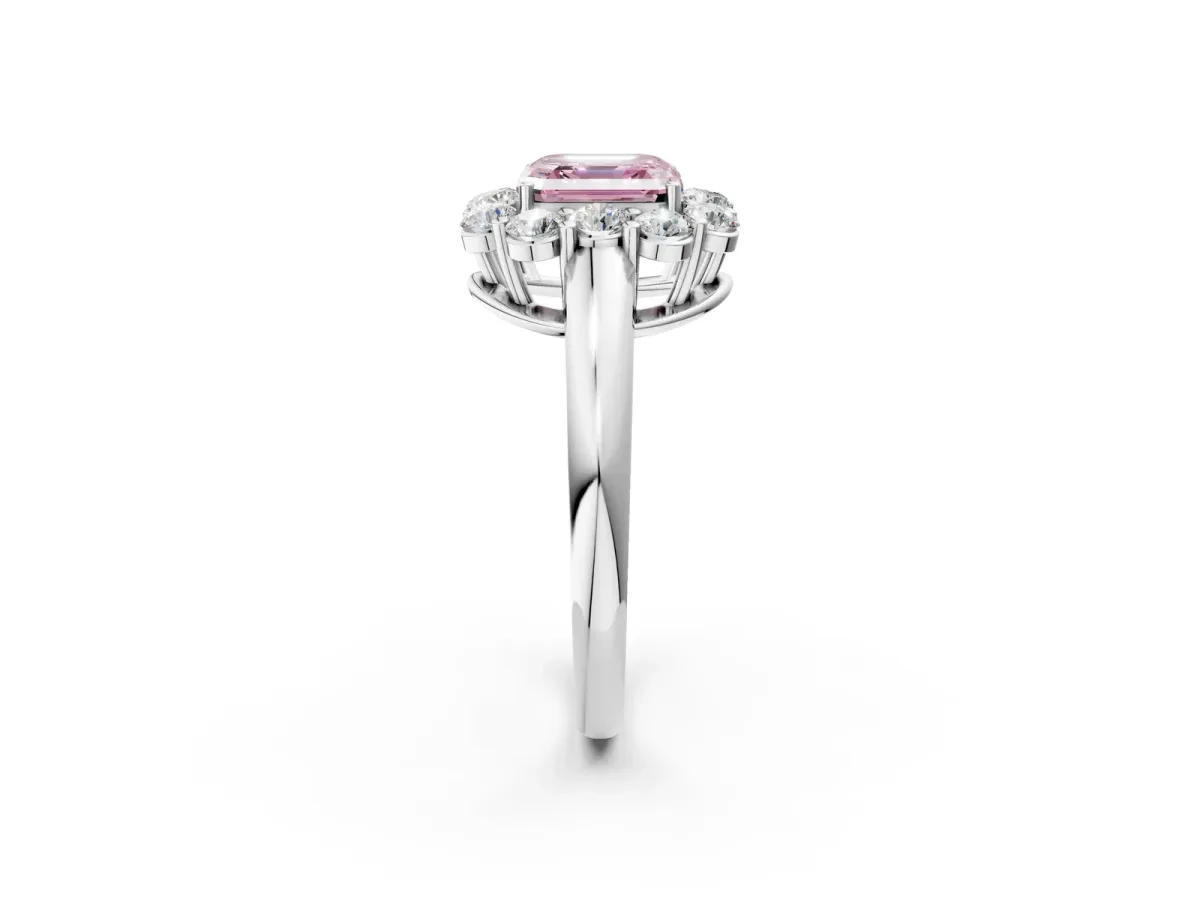 Fancy Pink Asscher Cut Halo Milgrain Solitaire with Bezel Set Side Stones and Pave Band Platinum