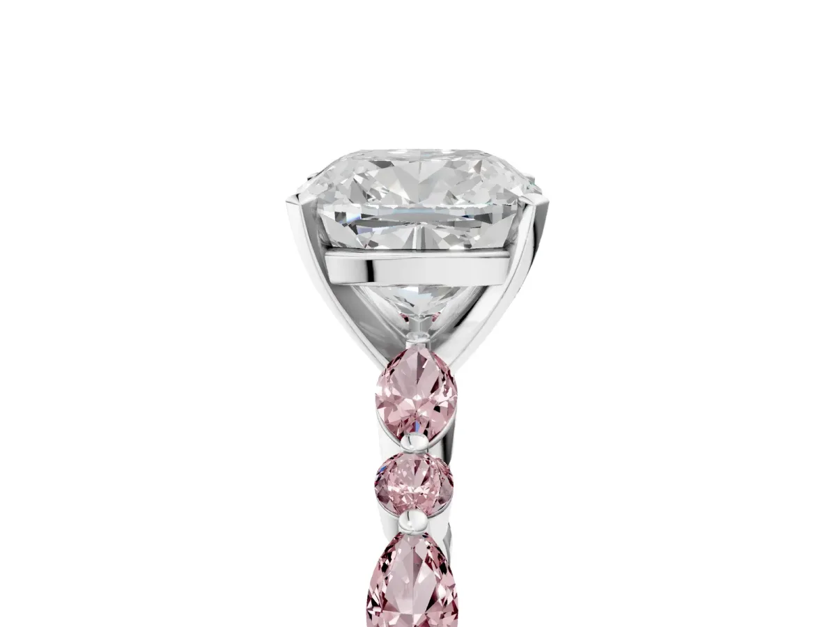 Cushion Cut Diamond Ring with Marquise and Round Morganite Side Stones and Four-Prong Setting White gold