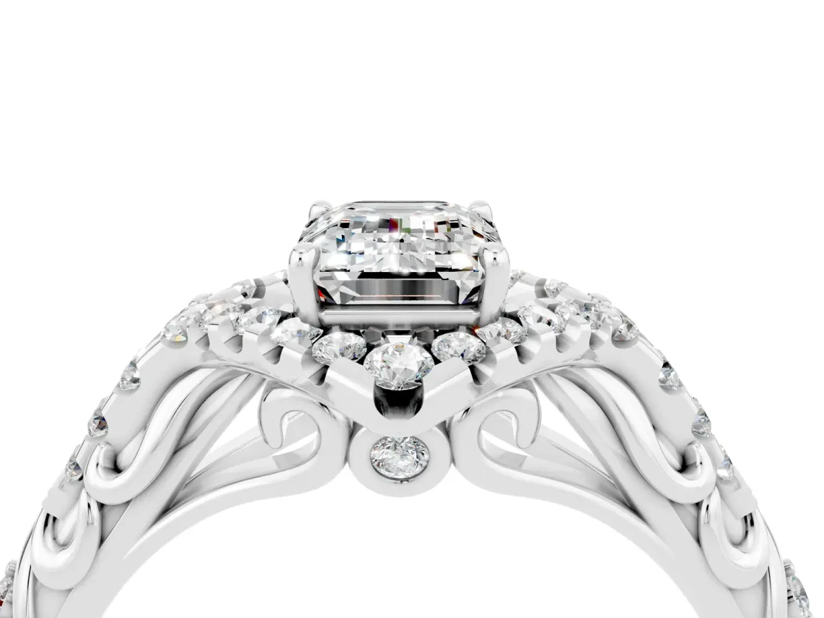 Emerald Cut Moissanite Solitaire Ring with Hidden Halo and Pavé Band White gold