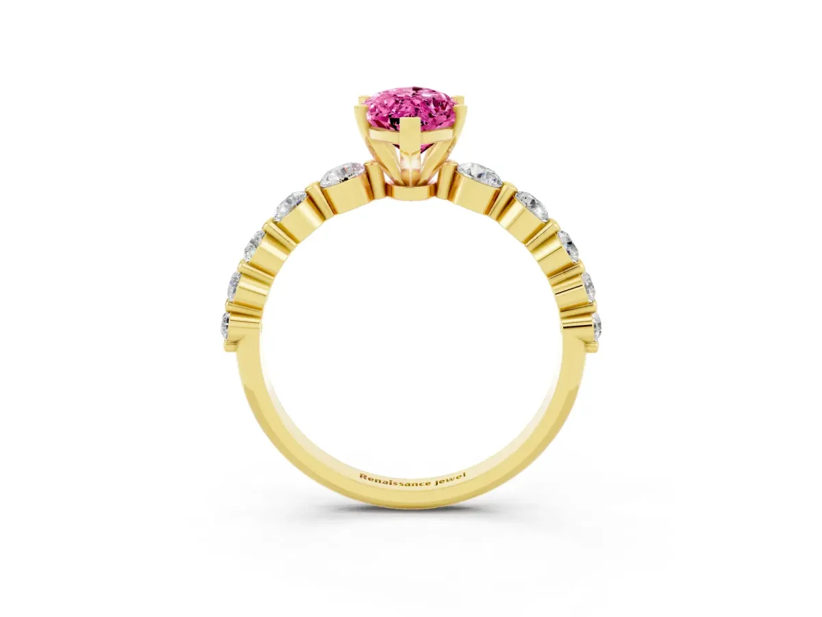 Marquise Cut Solitaire Pink Sapphire Ring with Pave Band and Four-Prong Setting Yellow gold