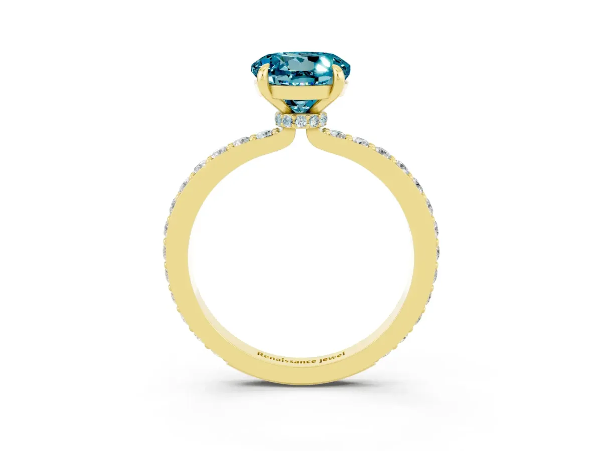 Round Cut Blue Topaz Solitaire Engagement Ring with Pavé Band and Four-Prong Setting Yellow gold