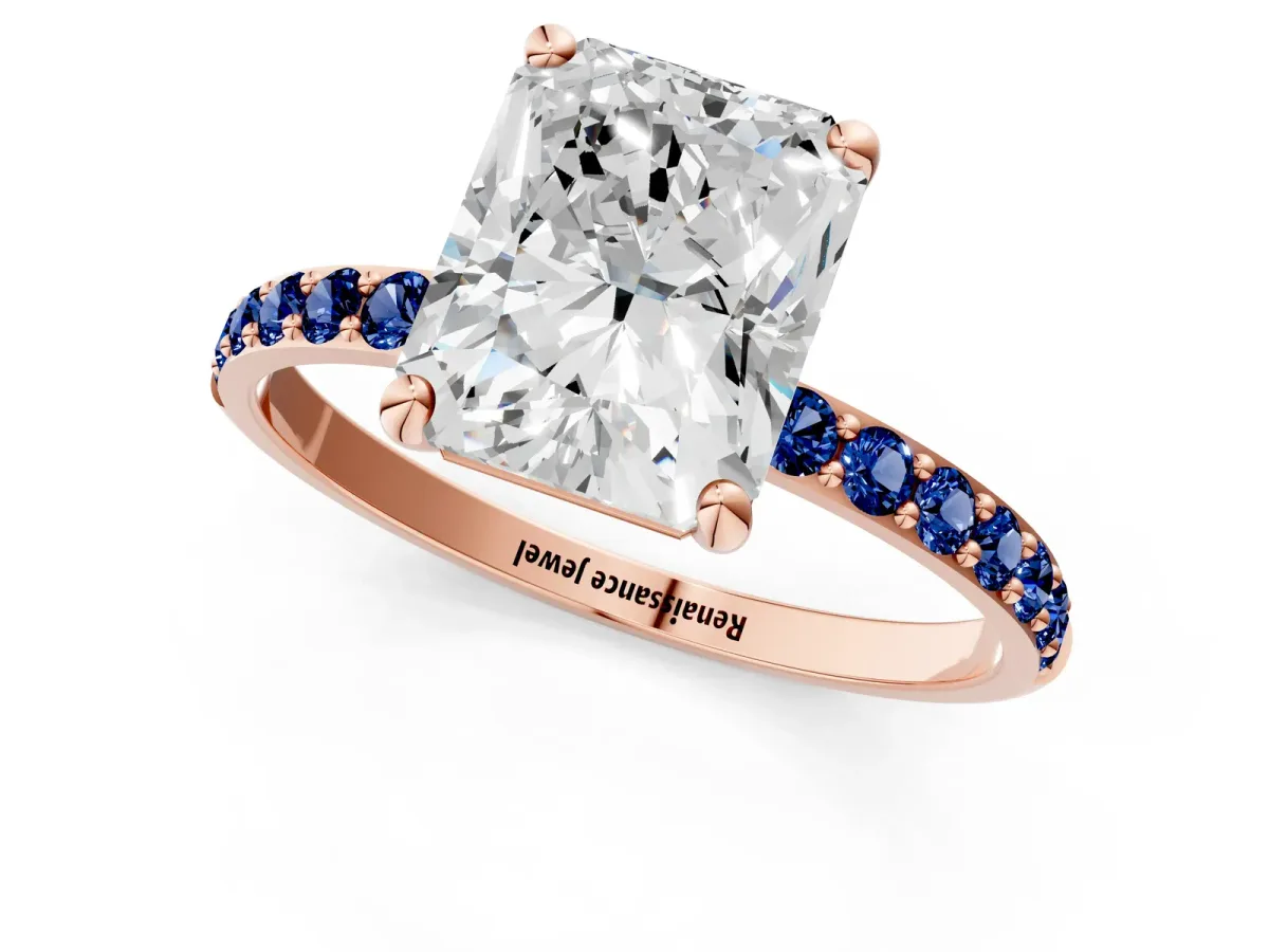 Radiant Cut Diamond Solitaire Ring with Round Blue Sapphire Pavé Band and Prong Setting Rose gold