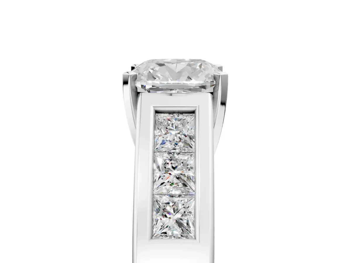 Cushion Cut Cut Channel Set Solitaire Ring with Four-Prong Setting Platinum