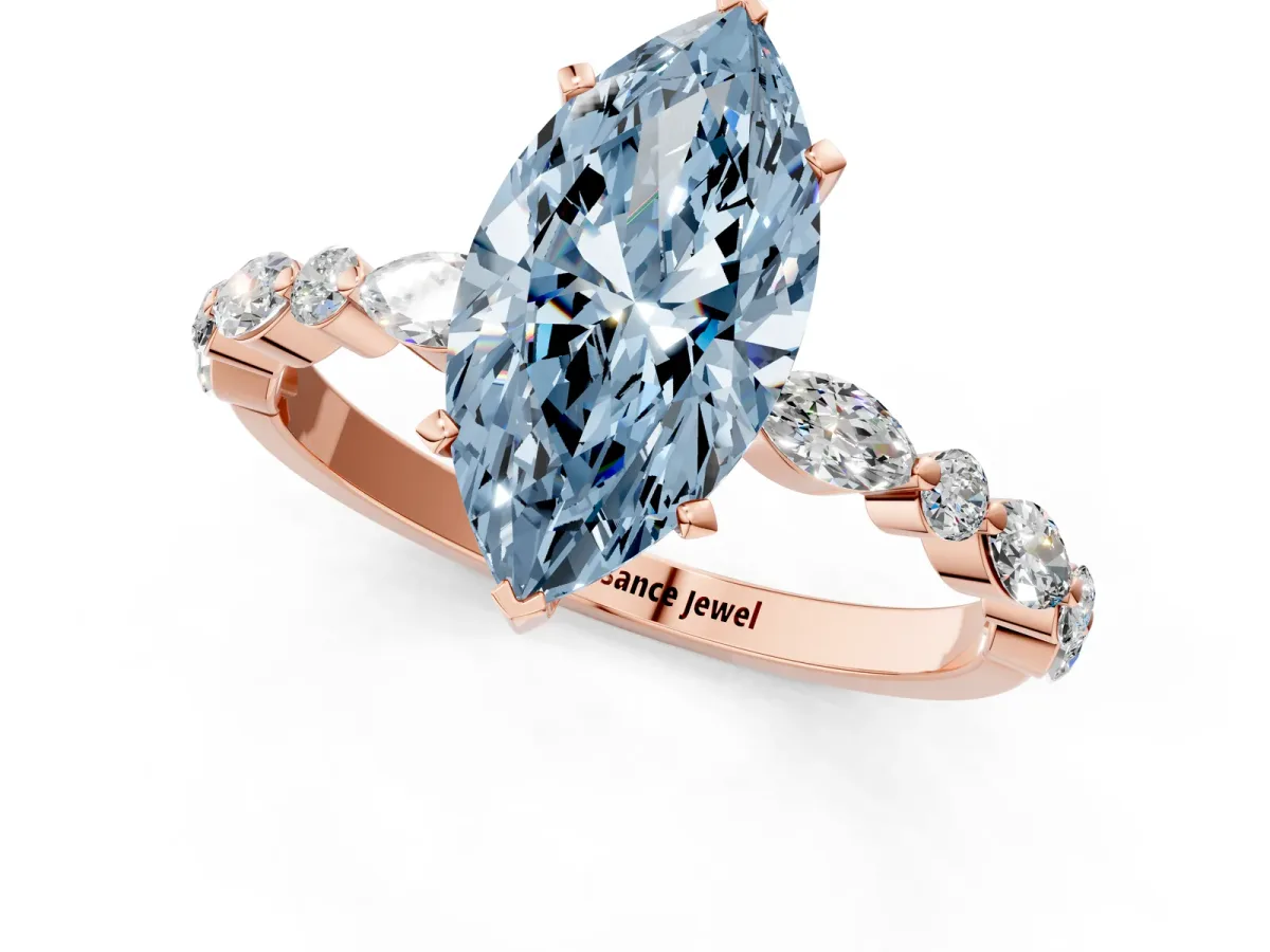 Fancy Blue Marquise Cut Diamond Ring with Marquise and Round Side Stones and Four-Prong Setting Rose gold