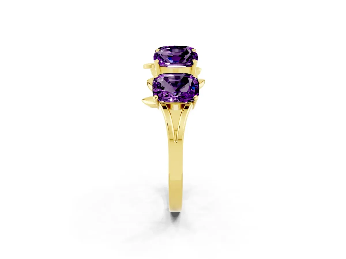Four-Stone Elongated Cushion Amethyst Band with Nature-Inspired Prong Setting Yellow gold