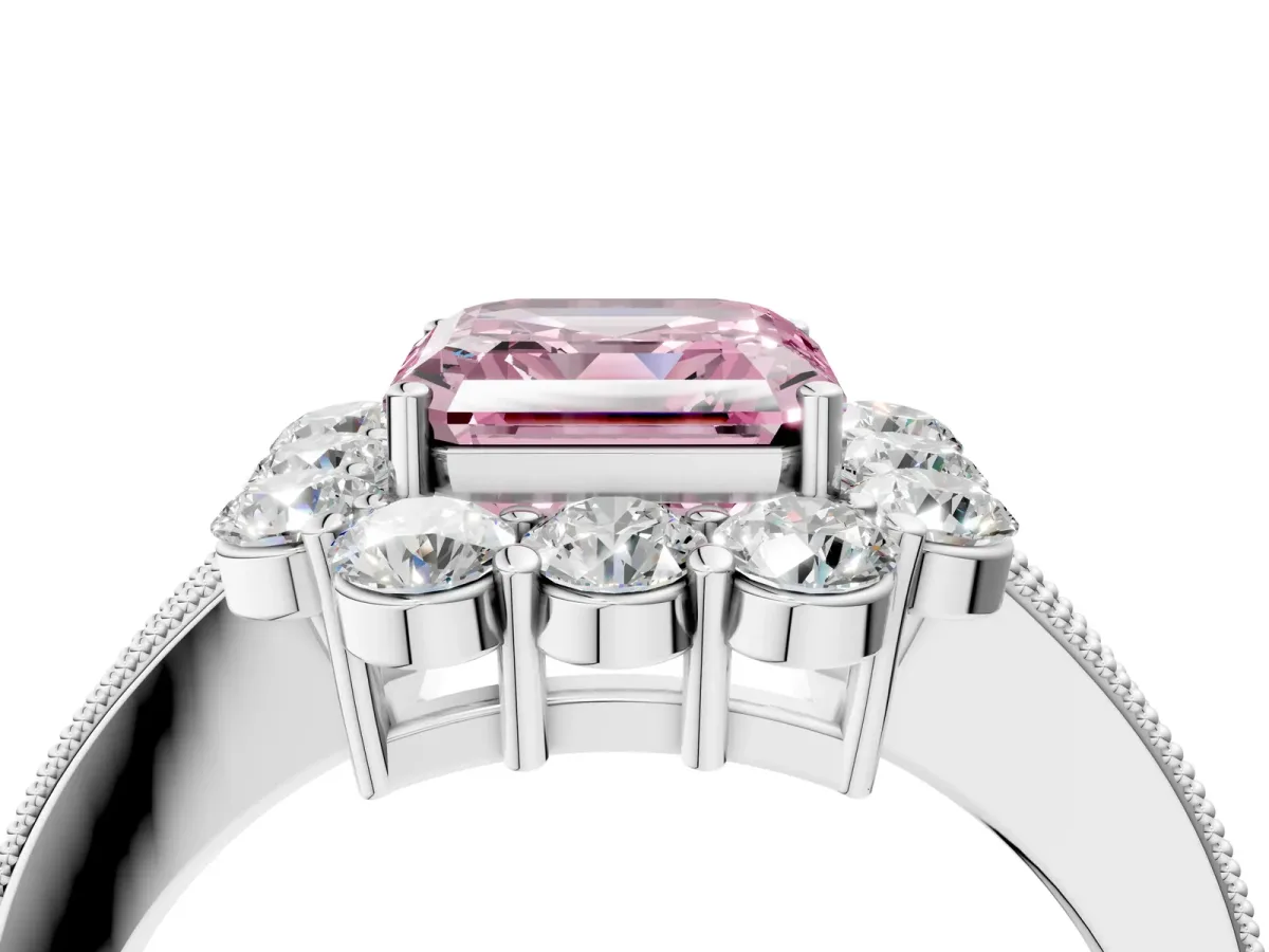 Fancy Pink Asscher Cut Cut Halo Diamond Pavé Engagement Ring with Milgrain Detailing Platinum
