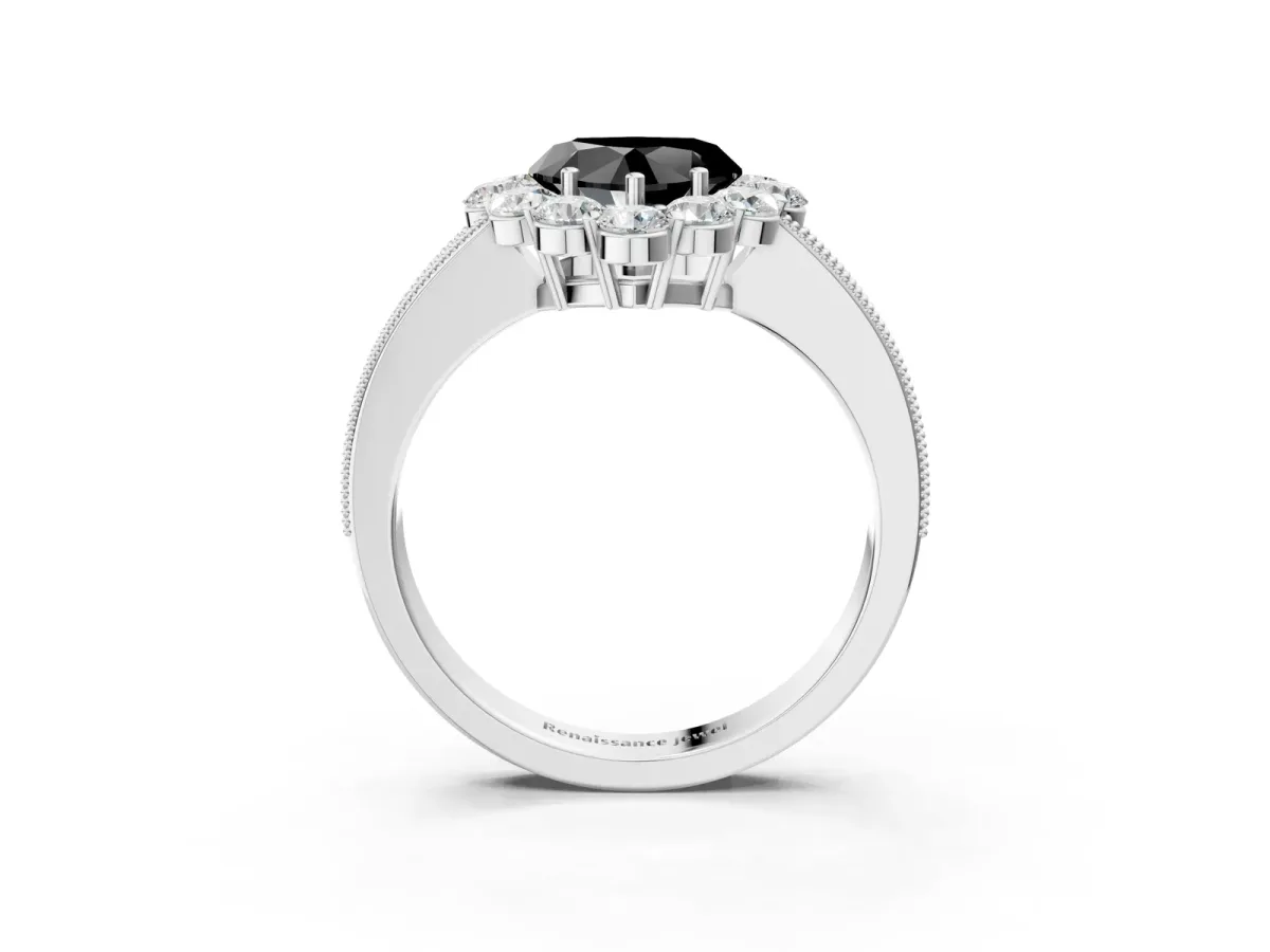 Fancy Black Heart Cut Cut Halo Diamond Pavé Engagement Ring with Milgrain Detailing Platinum