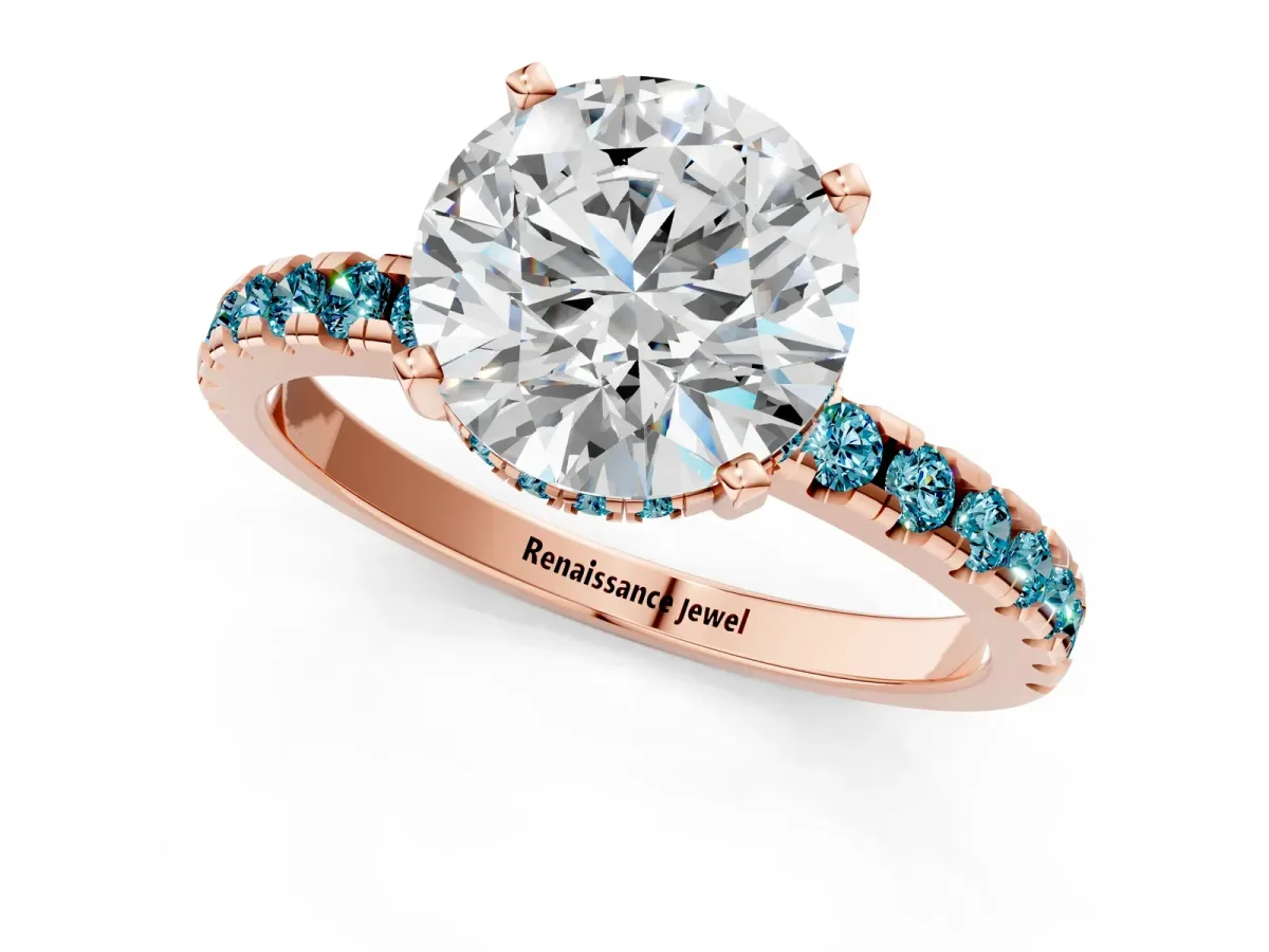 Round Cut Diamond Solitaire Ring with Round Blue Topaz Pavé Band and Four-Prong Setting Rose gold