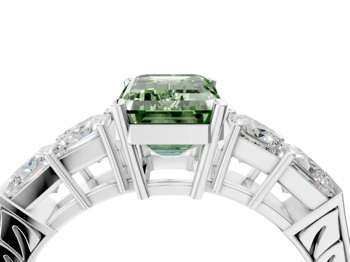Fancy Green Emerald Cut Solitaire Princess Side Stone Engraved Band Prong Setting Ring Silver