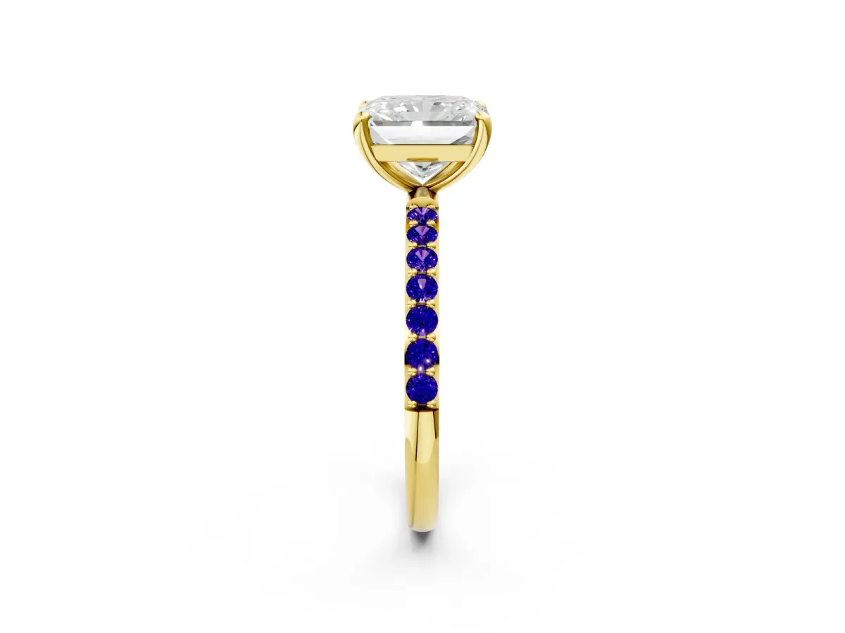 Radiant Cut Diamond Solitaire Ring with Round Tanzanite Pavé Band and Prong Setting Yellow gold