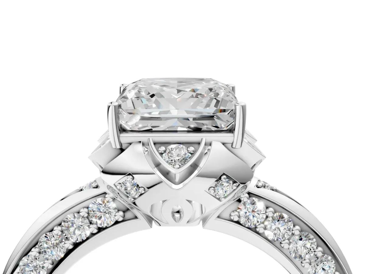 Princess Cut Halo Split Shank Pave Diamond Ring with Petal Prong Setting White gold