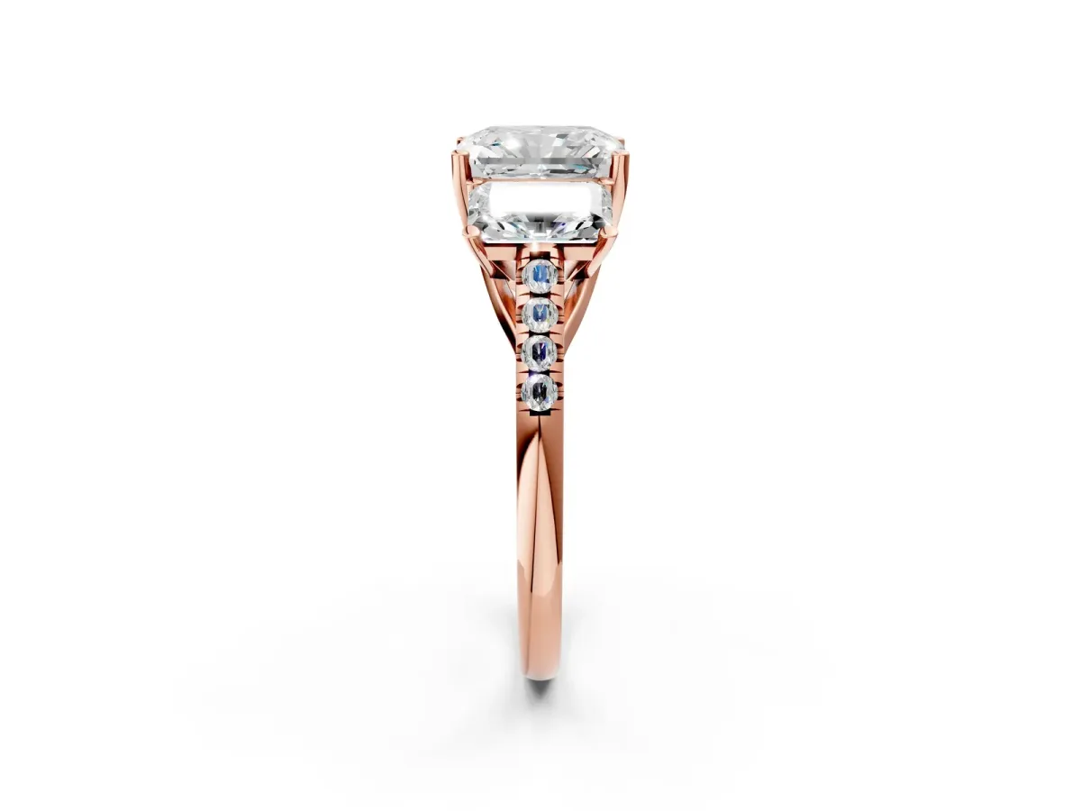 Three-Stone Radiant Cut Diamond Ring with Round Moissanite Pavé Band and Prong Setting Rose gold