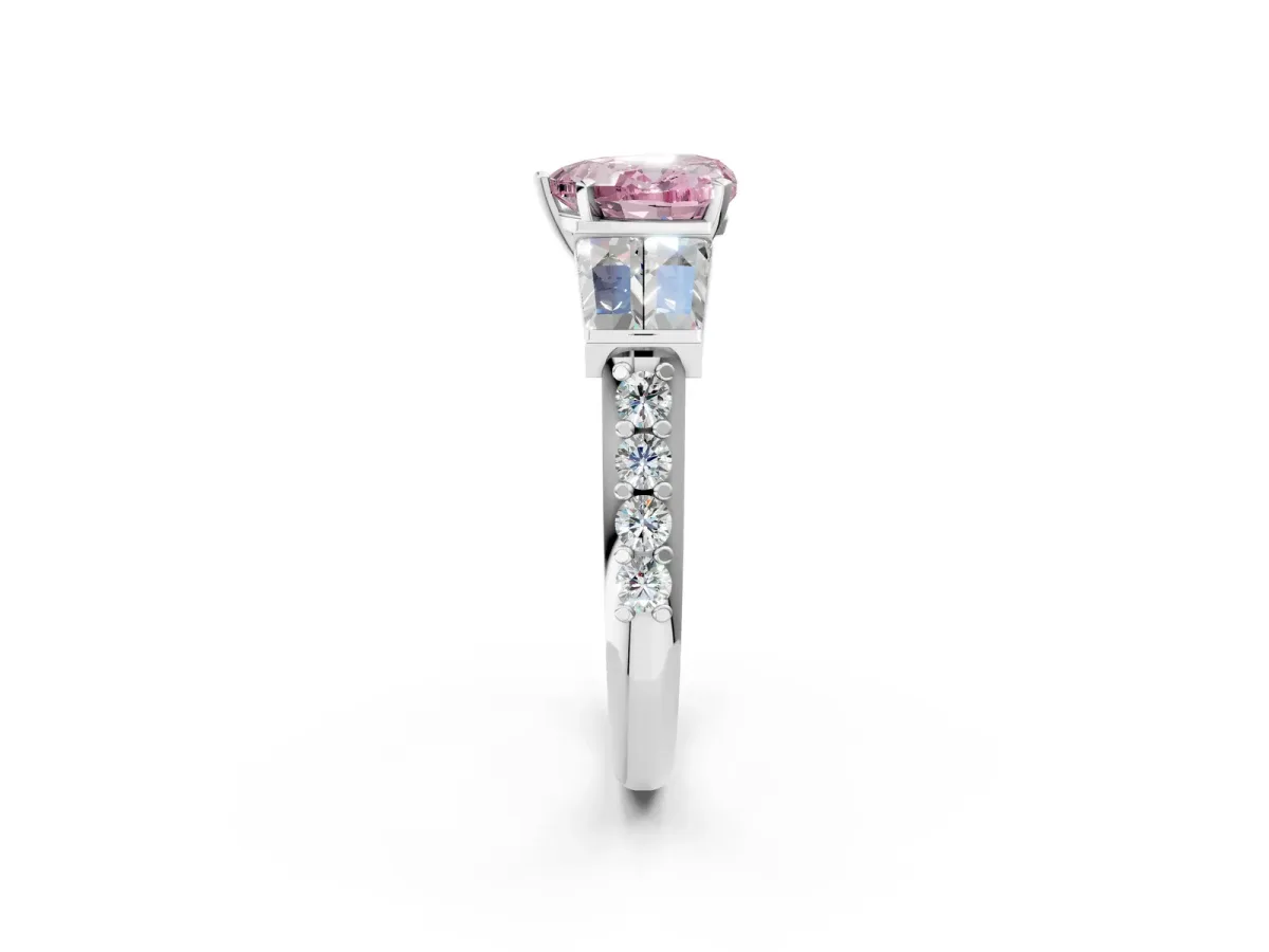 Fancy Pink Heart Cut Diamond Engagement Ring with Baguette Side Stones and Channel Set Band Platinum