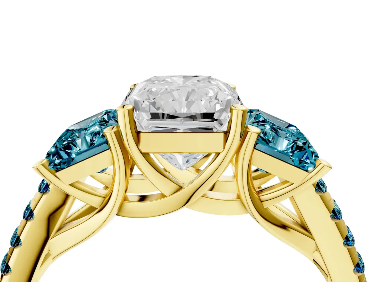 Three-Stone Radiant Cut Diamond Ring with Round Blue Topaz Pavé Band and Prong Setting Yellow gold