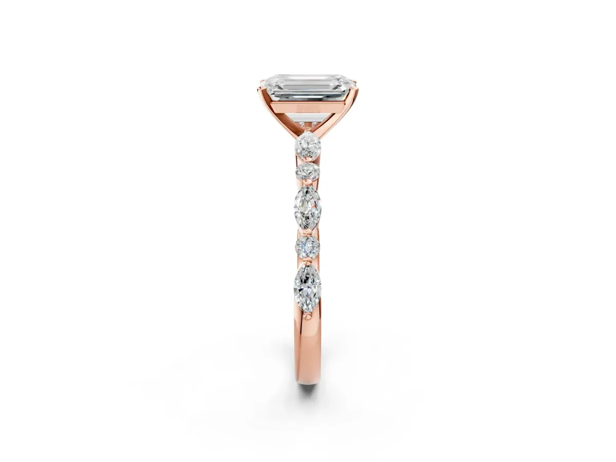 Emerald Cut Diamond Ring with Marquise and Round Moissanite Side Stones and Four-Prong Setting Rose gold